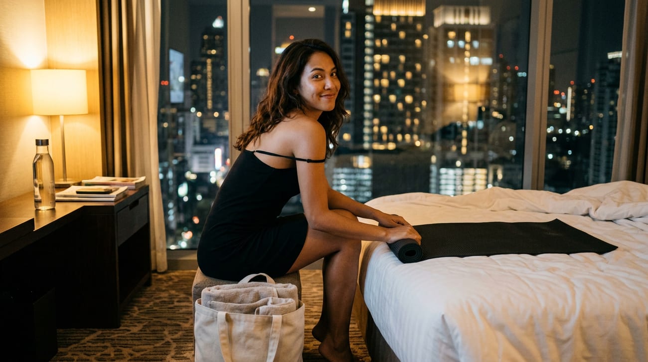 Woman in a black slip dress unrolling a dark mat on a hotel bed, a tote of towels at her feet and a night skyline behind