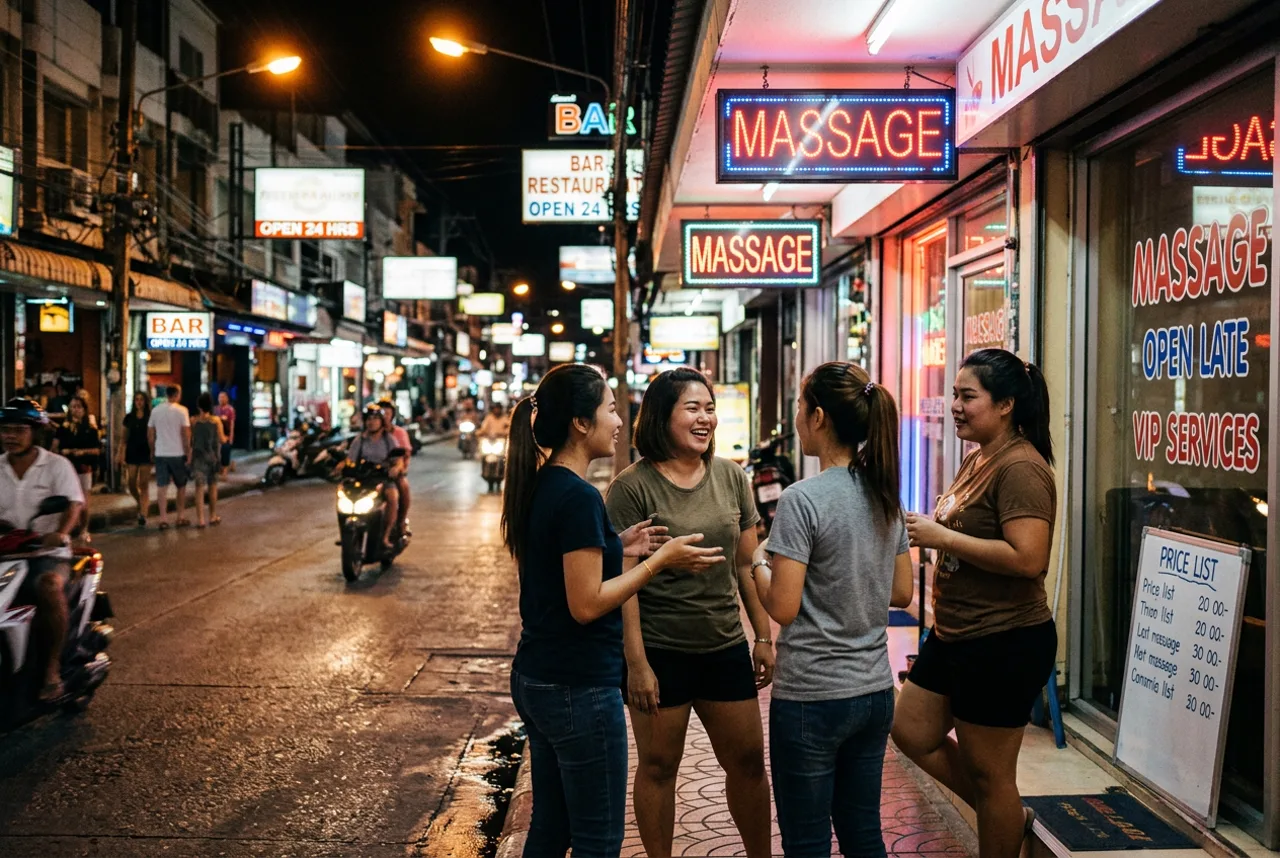 Massage shopfronts on a Pattaya soi at night