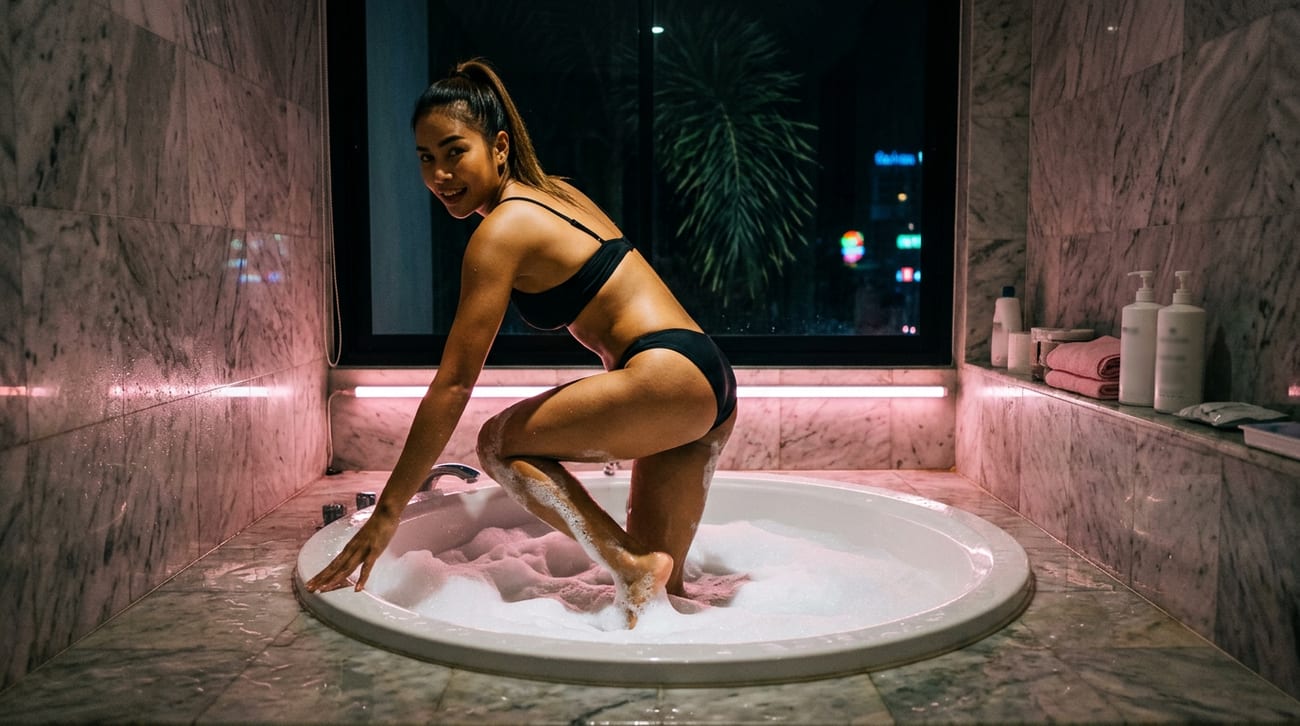 Woman in a black bikini stepping into a foam-filled tub in a marble bathroom, city lights glowing through the window