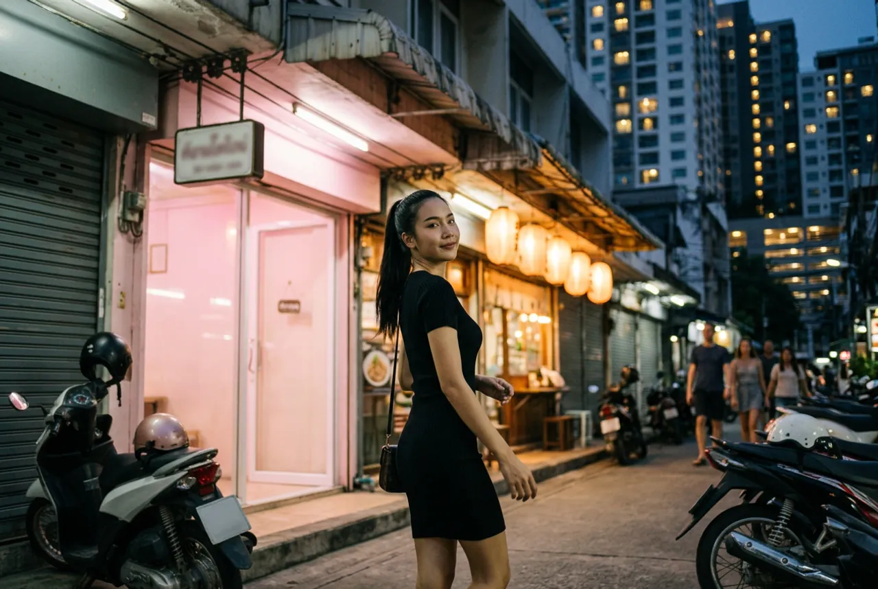 Woman in a black knit dress glancing back over her shoulder on a street lined with paper lanterns and parked scooters
