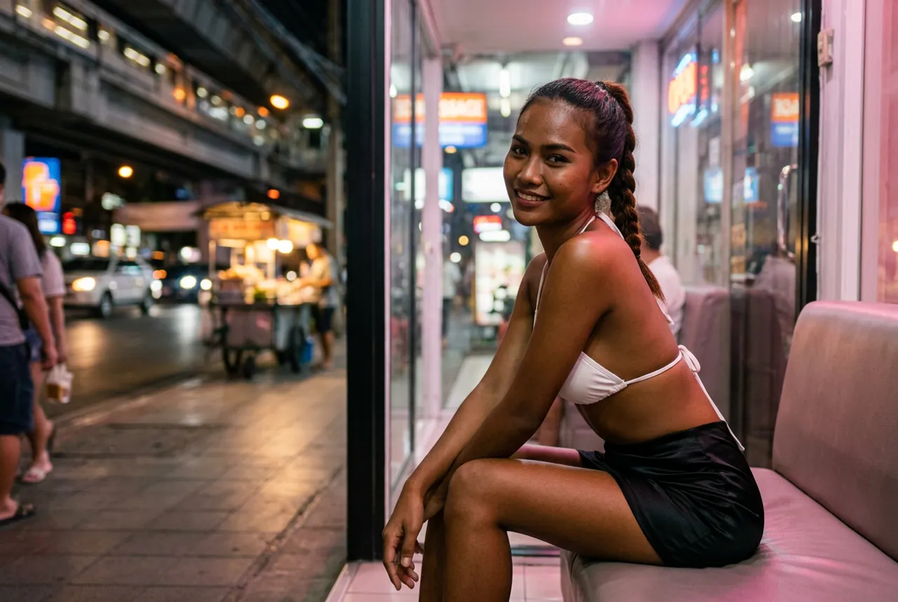 Woman with a braided ponytail in a white bikini top and black skirt on a bench inside a glass shopfront at night