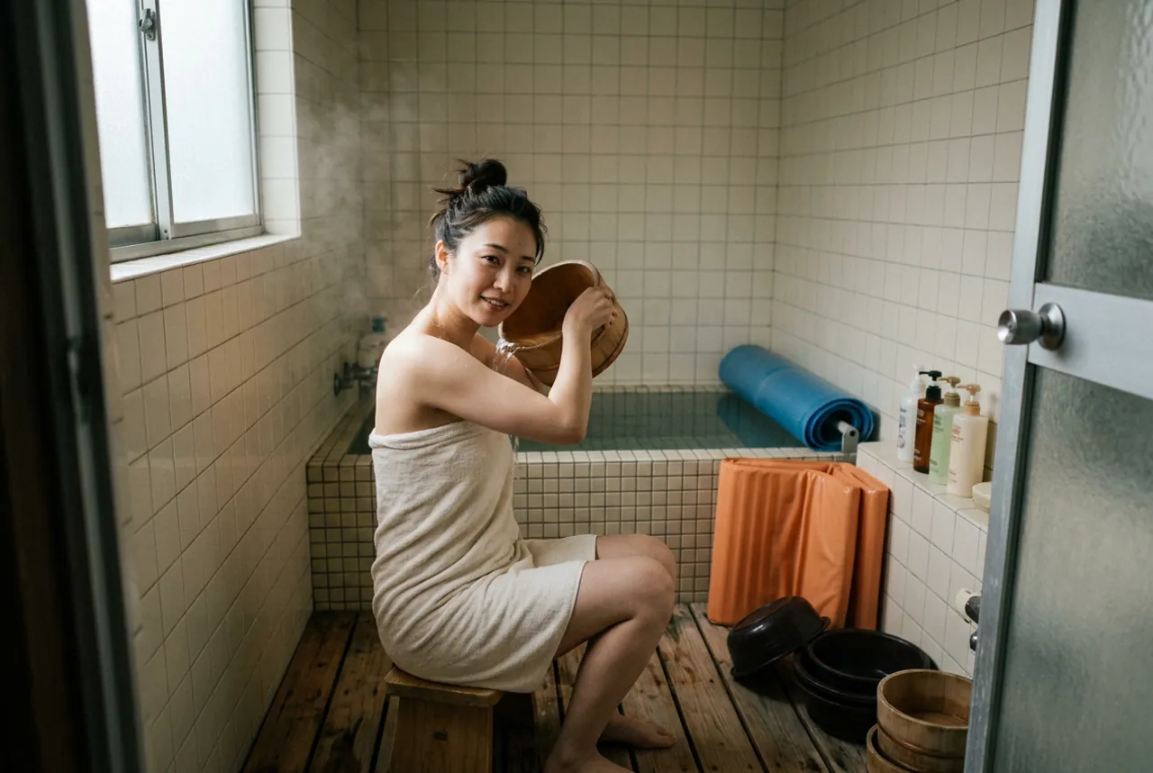 Woman wrapped in a towel on a wooden stool, pouring water from a wooden pail in a small tiled Japanese-style bathroom with a blue mat