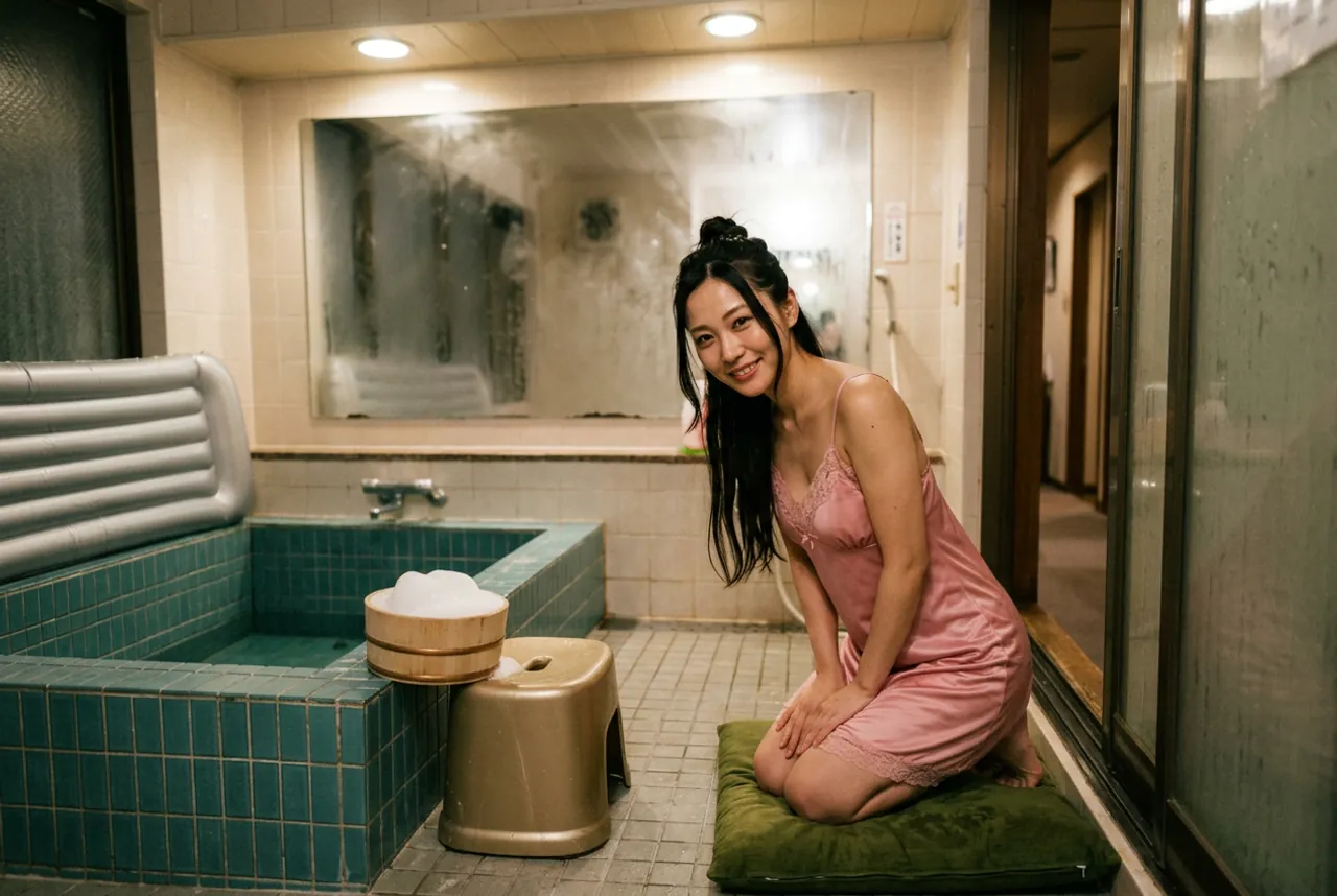 Woman in a pink satin slip kneeling on a green cushion in an old tiled bathroom with a silver air mat, a bath and a wooden pail