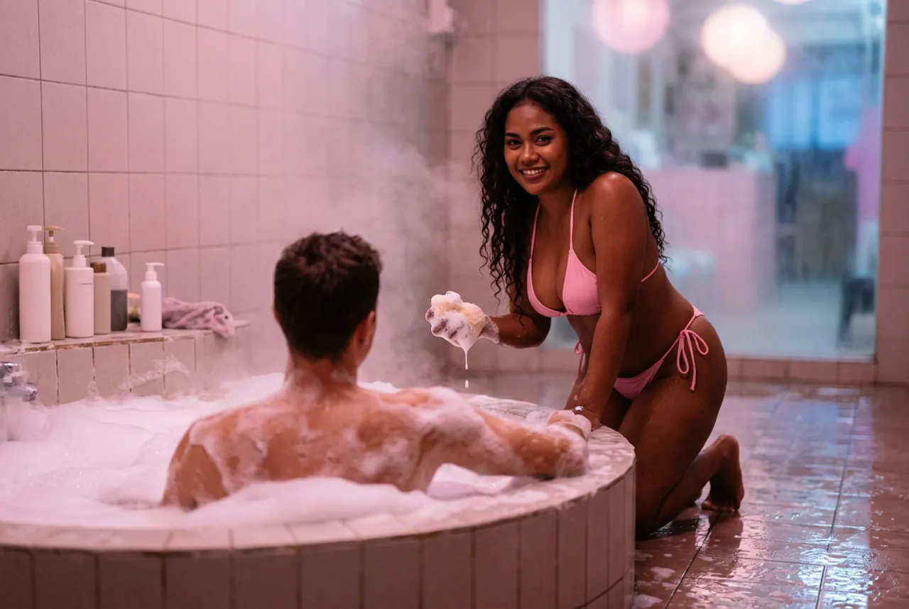 Woman in a pink bikini kneeling beside a round tiled tub, holding a soapy sponge near a man seen from behind in the foam