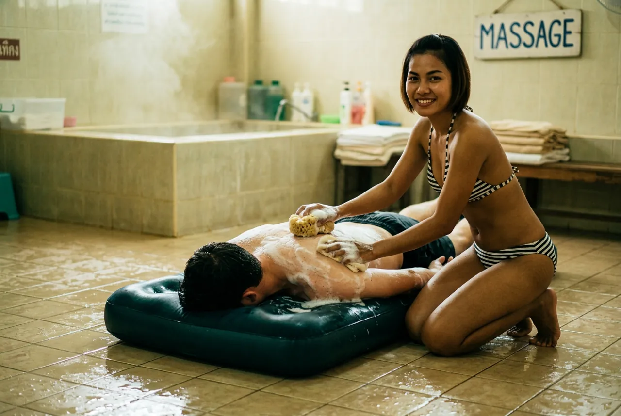 Woman in a striped bikini soaping a man's back with a sponge as he lies face-down on a green air mattress in a tiled bath room