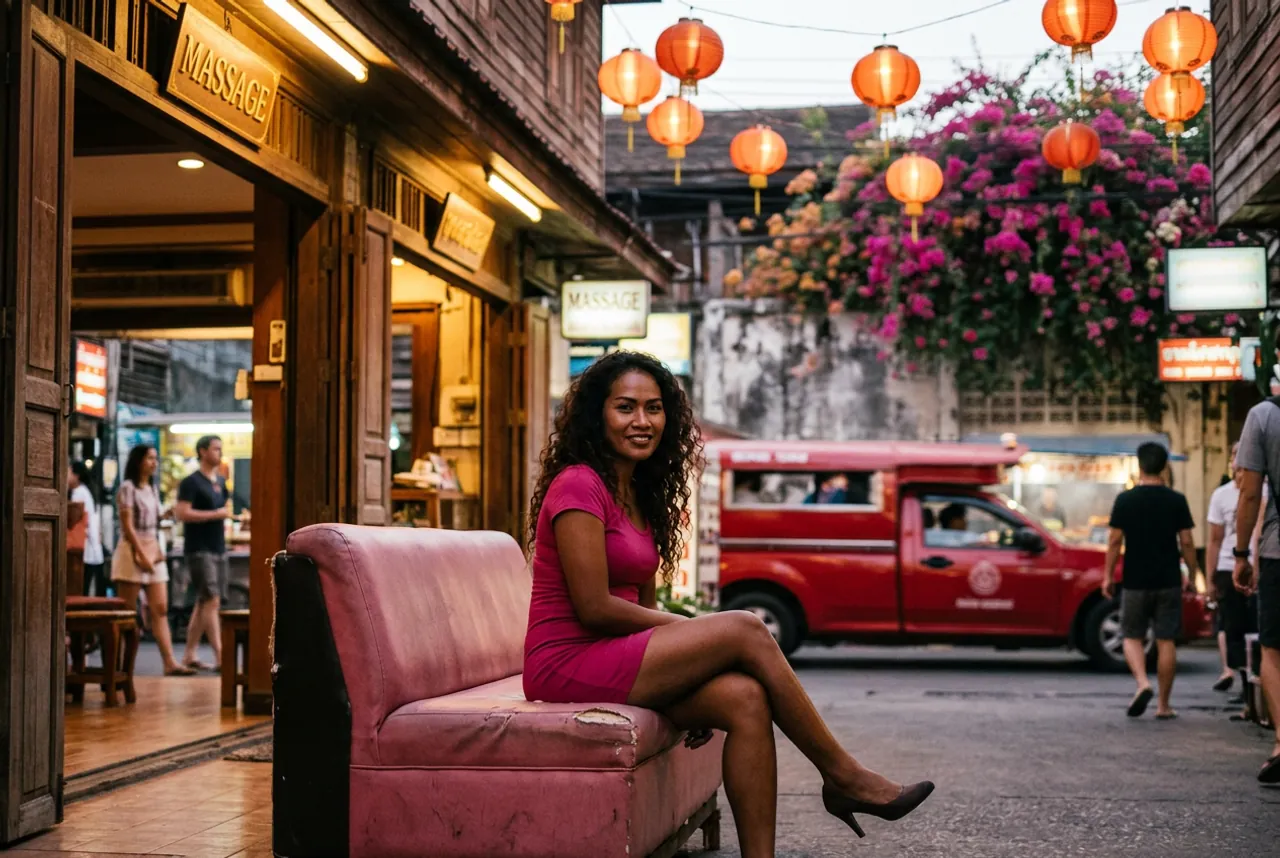 หญิงสาวผมหยิกในเดรสสีชมพูนั่งบนโซฟาเก่าหน้าร้านนวดไม้ มีรถแดงสองแถว โคมจีนสีส้ม และดอกเฟื่องฟ้า