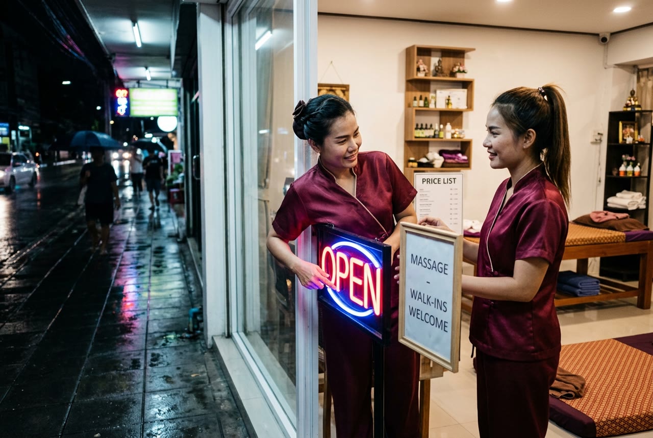 นวด 24 ชั่วโมง กรุงเทพ 2569 — ความจริง + ร้านเปิดดึกที่สุด