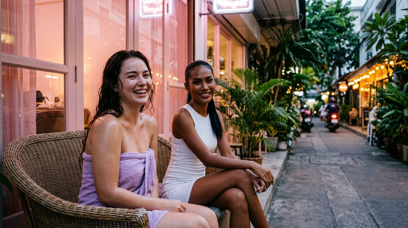 หญิงสาวสองคนนั่งเก้าอี้หวายหน้าร้านแสงชมพูในซอยร่มรื่นยามเย็น คนหนึ่งพันผ้าเช็ดตัวสีม่วงอ่อน อีกคนใส่เดรสขาว