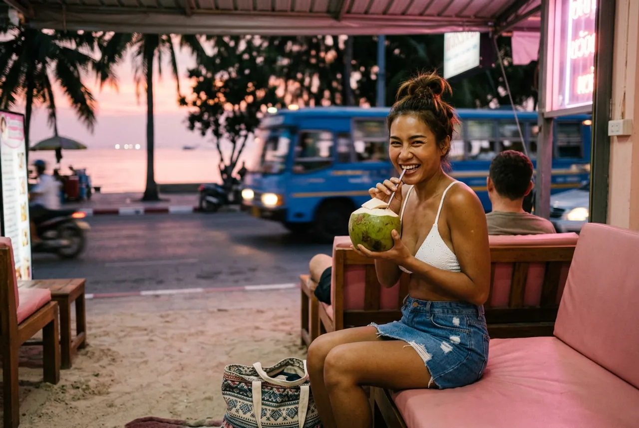 หญิงสาวในบิกินีท่อนบนสีขาวกับกางเกงยีนส์ขาสั้นดื่มน้ำมะพร้าวบนโซฟาสีชมพูริมหาดยามเย็น มีรถเมล์และต้นปาล์มด้านหลัง