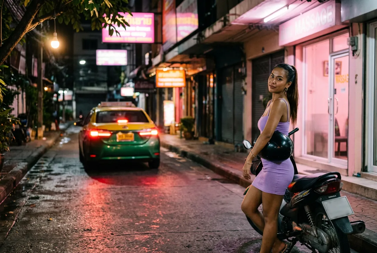 หญิงสาวเดรสสีม่วงอ่อนถือหมวกกันน็อกยืนพิงมอเตอร์ไซค์หน้าร้านนวด ถนนเปียกฝนยามค่ำมีแท็กซี่สีเขียวเหลือง