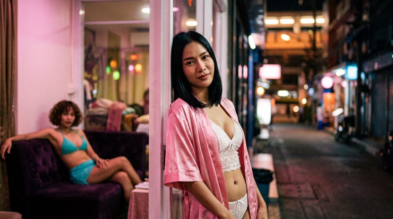 หญิงสาวผมบ็อบในชุดคลุมซาตินสีชมพูยืนพิงประตูร้านนวดยามค่ำคืน อีกคนในบิกินีสีฟ้านั่งบนโซฟากำมะหยี่สีม่วงด้านใน