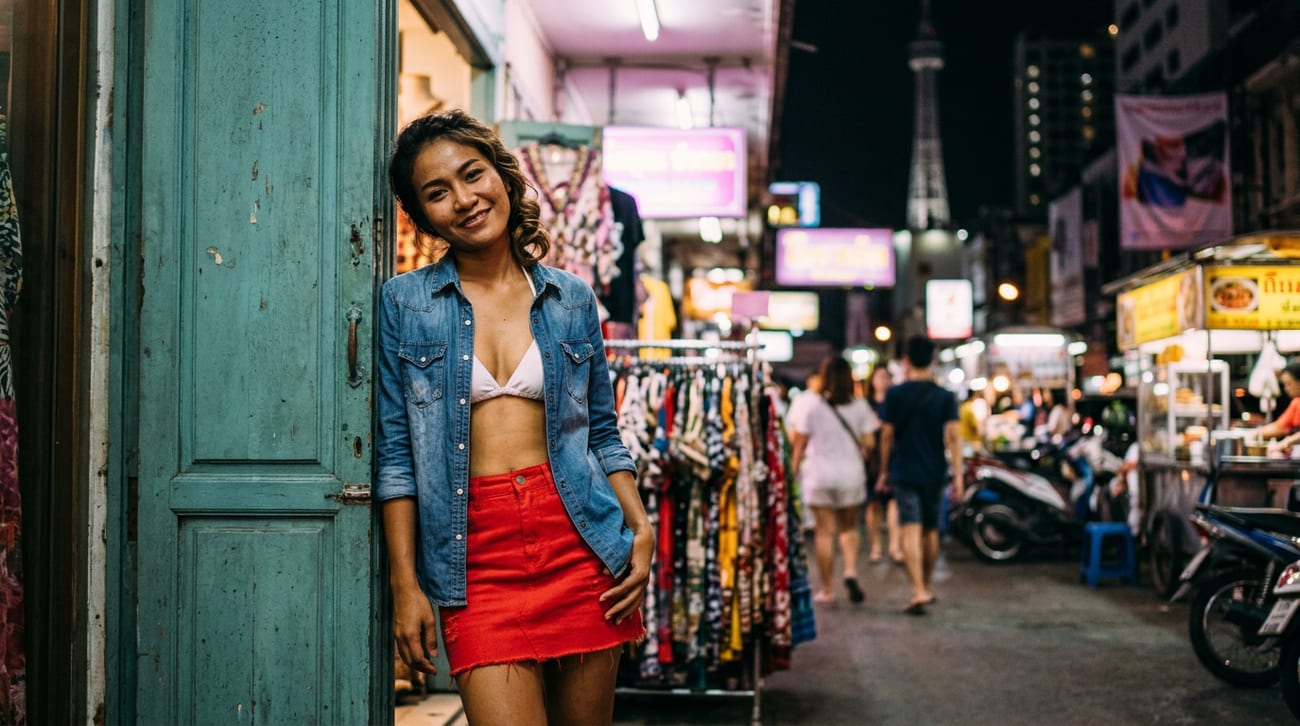 หญิงสาวในเสื้อเชิ้ตยีนส์และกระโปรงสั้นสีแดงยืนพิงประตูไม้สีเขียว ข้างราวเสื้อผ้าในถนนตลาดกลางคืน