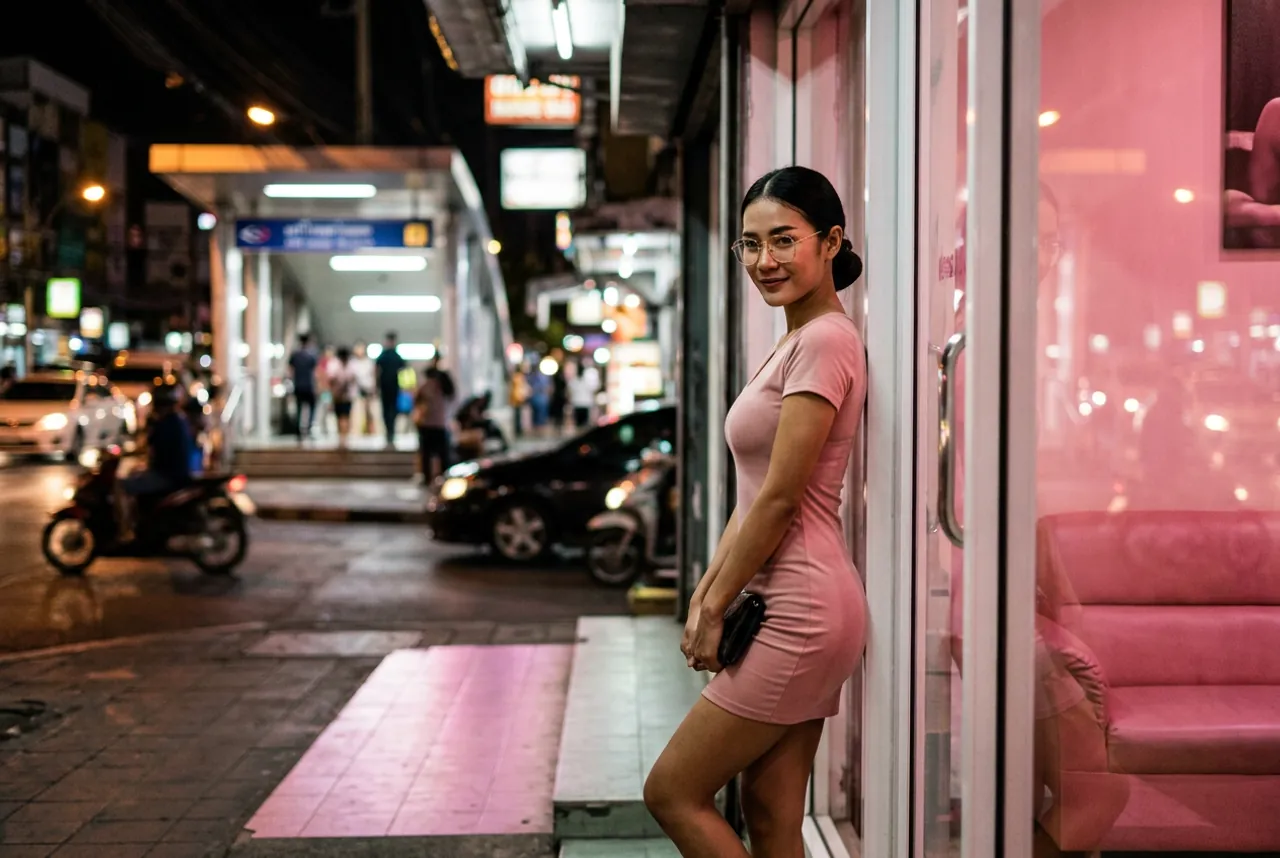 หญิงสาวสวมแว่นในเดรสสีชมพูพิงกระจกหน้าร้านนวดที่มีโซฟาสีชมพู ใกล้ทางเข้าสถานีรถไฟใต้ดินยามค่ำคืน