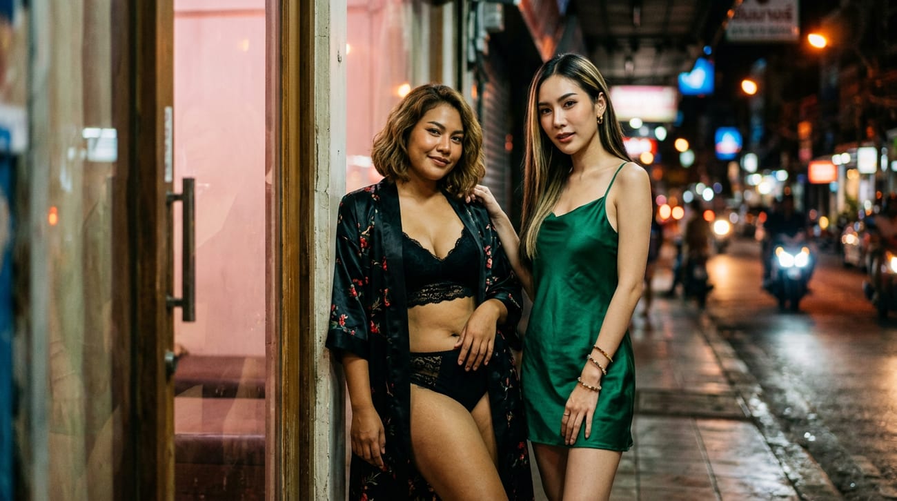 หญิงสาวสองคนยืนหน้าประตูกระจกร้านนวดยามค่ำคืน คนหนึ่งสวมเสื้อคลุมลายดอกไม้สีดำ อีกคนสวมเดรสสายเดี่ยวผ้าซาตินสีเขียว