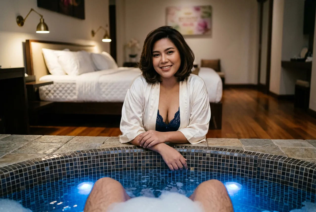 View from inside a lit jacuzzi toward a smiling woman in a white satin robe leaning on the mosaic rim, a hotel bed behind