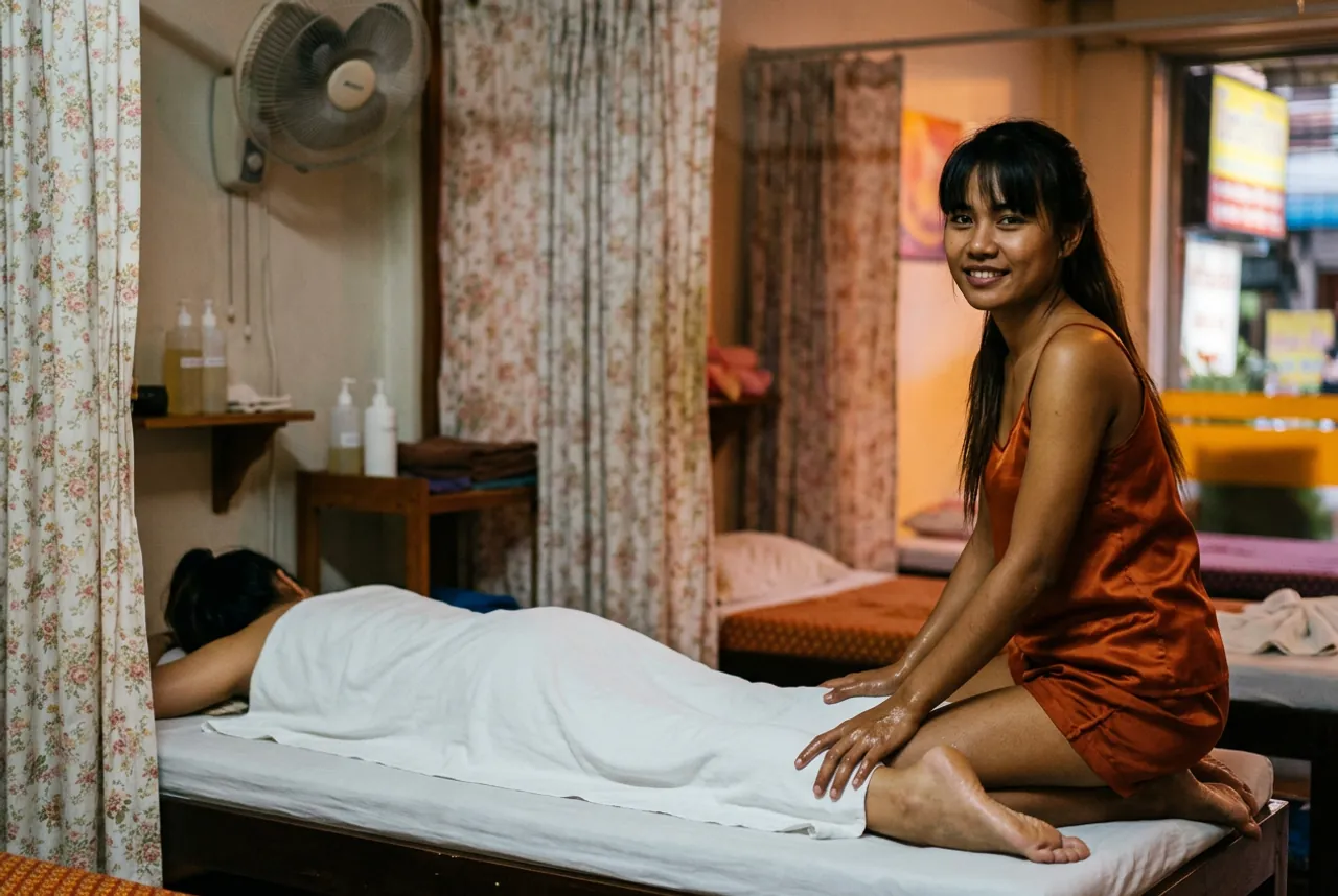 Masseuse in a rust satin slip kneeling on a massage bed, hands on a client under a white sheet, floral curtains and a fan