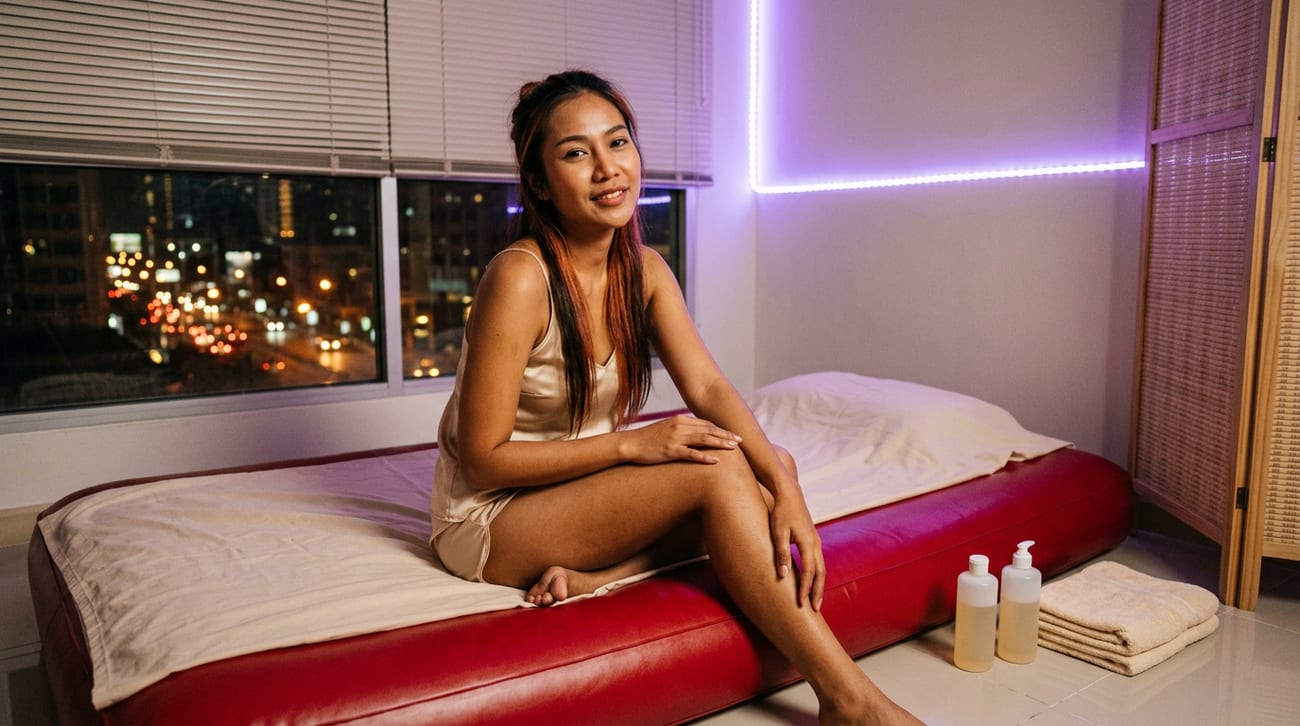 Woman in a champagne satin slip dress sitting on a red massage bed beside a window with night city lights