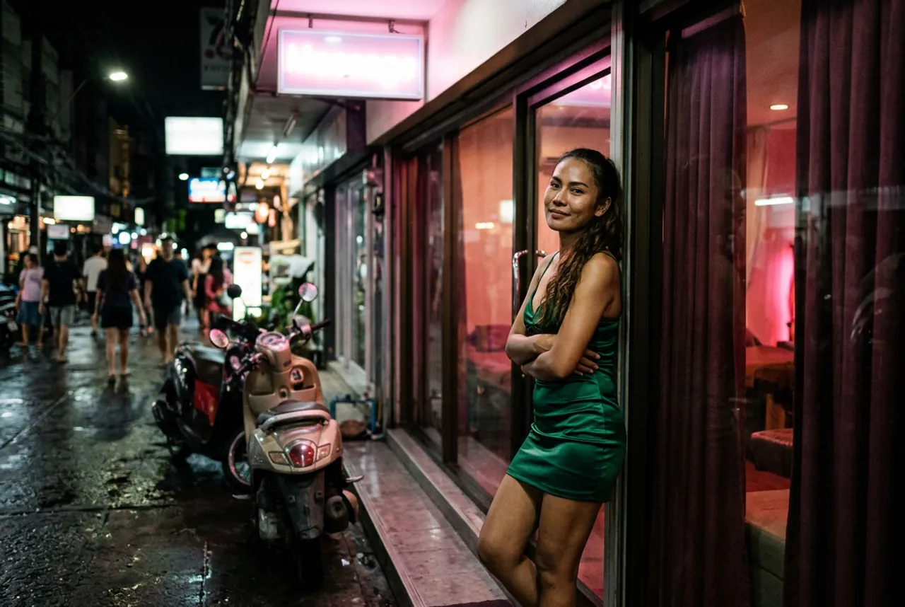 Woman in a green satin mini dress leaning at the doorway of a pink-lit massage shop on a wet street at night