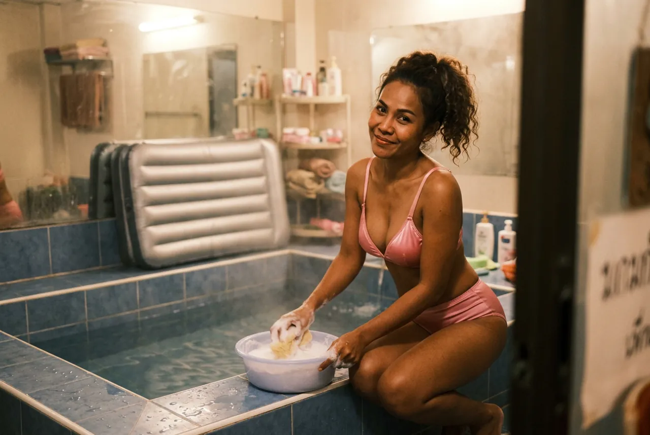 Woman in a pink bikini kneeling at a tiled bath, lathering a sponge in a basin, with a silver inflatable mat against the wall