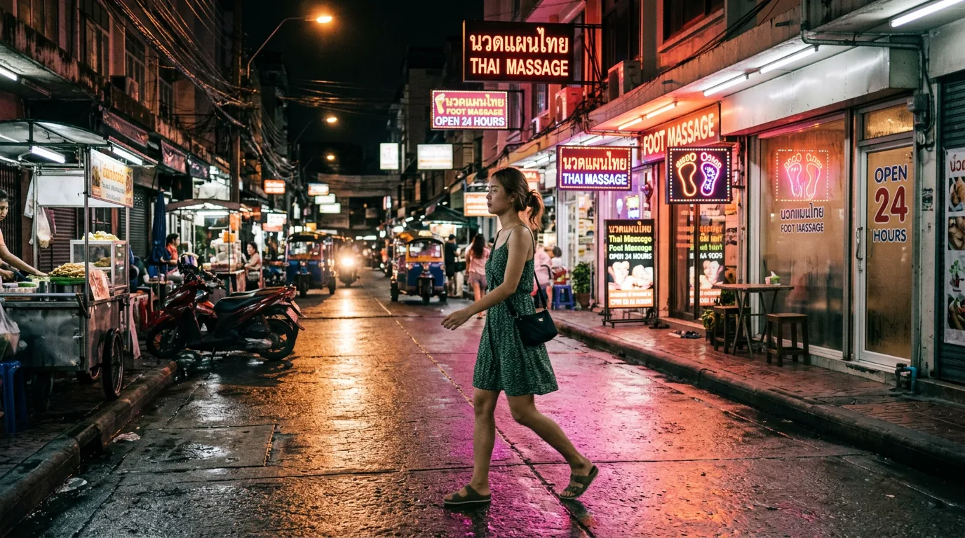 A woman walking past neon-lit massage shop signs on a wet Bangkok soi at night
