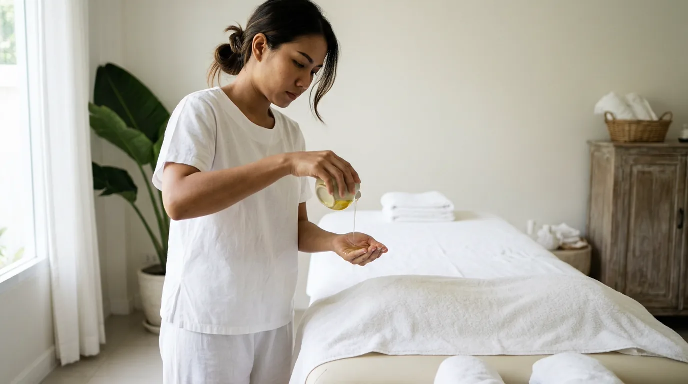 A masseuse preparing oil beside the table in a private oil massage room in Bangkok