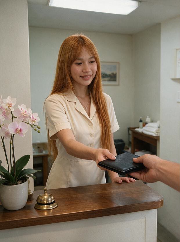 Receptionist in a cream uniform taking a wallet across a massage-shop counter