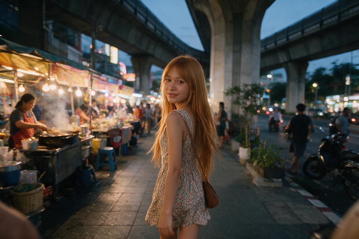 Woman in a summer dress looking back on a Bangkok street at dusk under the skytrain