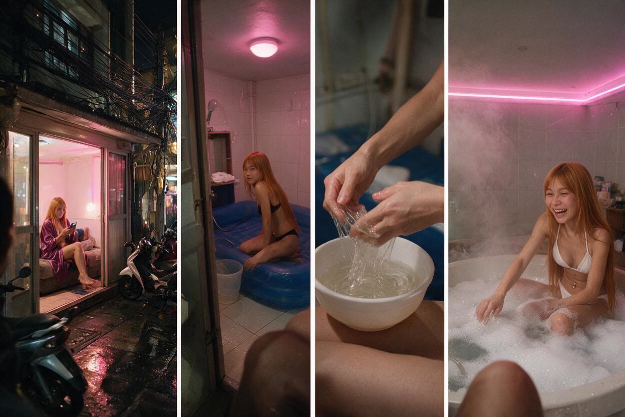 Four scenes from a night out: a pink-lit shopfront, a nuru room with an air mattress, massage gel poured from a bowl, and a foam bath