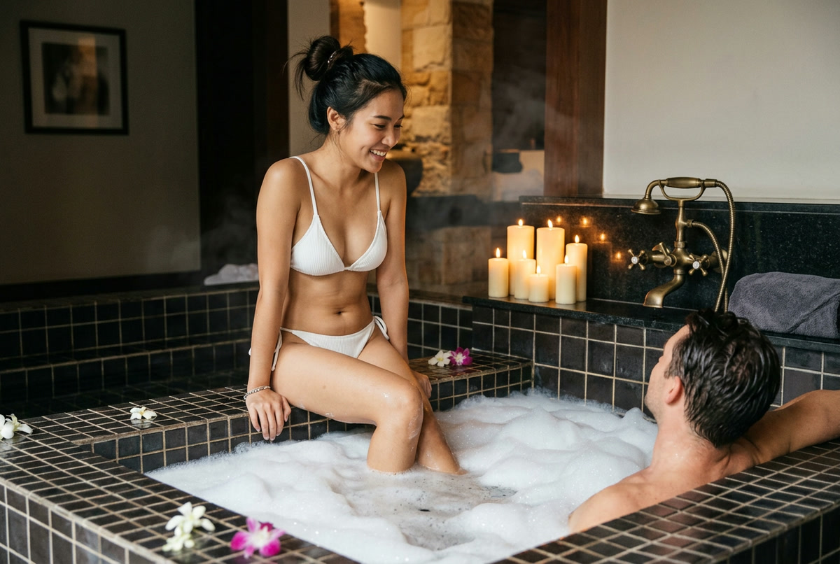 พนักงานสวมบิกินี่นั่งขอบอ่างจากุซซี่ฟองสบู่กับลูกค้าในห้องพรีเมียมแสงเทียน