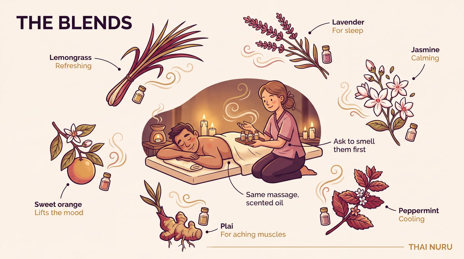 Infographic showing common essential oil blends used in Thai aromatherapy massage and their stated effects