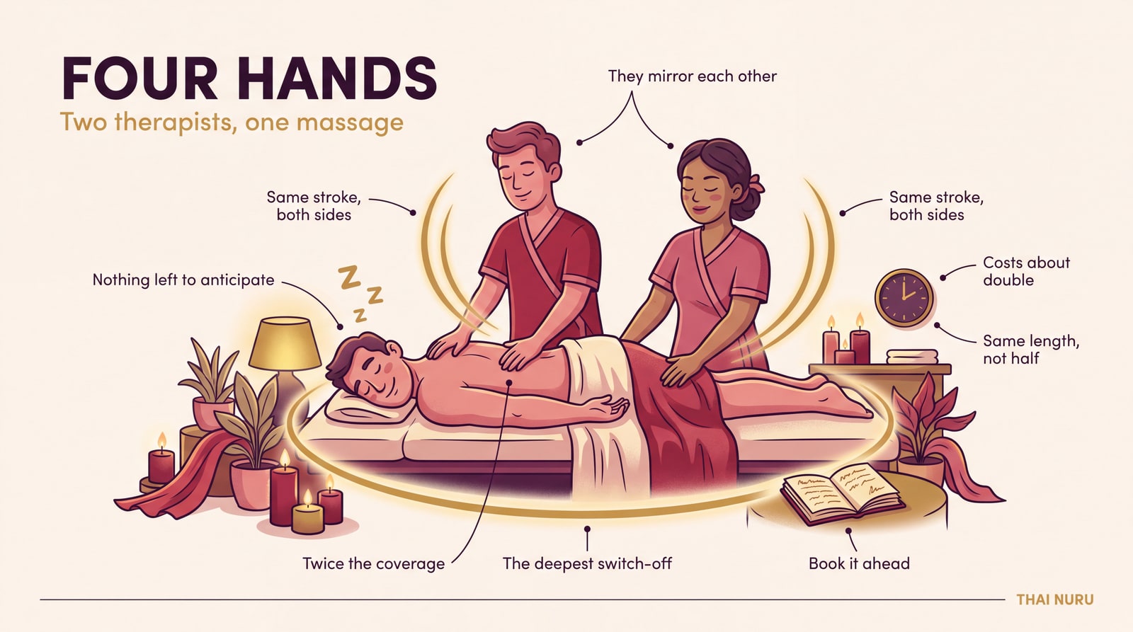 Illustrated guide to four-hands massage, showing two therapists working in mirror on one draped client