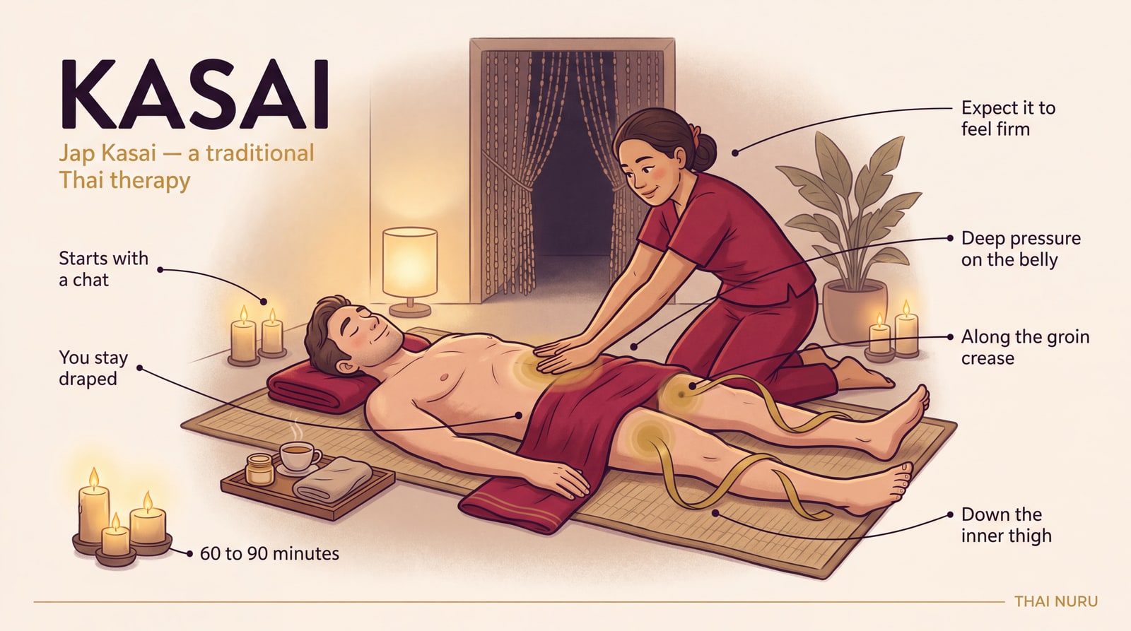 Illustrated guide to a Thai kasai massage session, showing a draped client on a floor mat and the three areas the therapist works