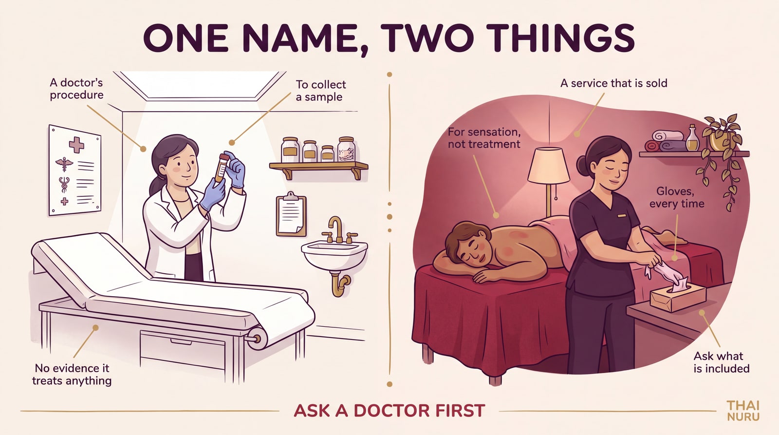 Infographic contrasting clinical prostatic massage with the wellness service sold in Thai massage venues