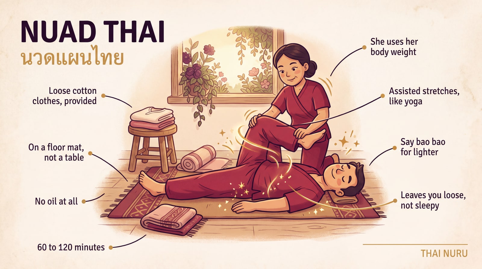 Illustrated guide to traditional Thai massage, showing a fully clothed client on a floor mat being moved through an assisted stretch