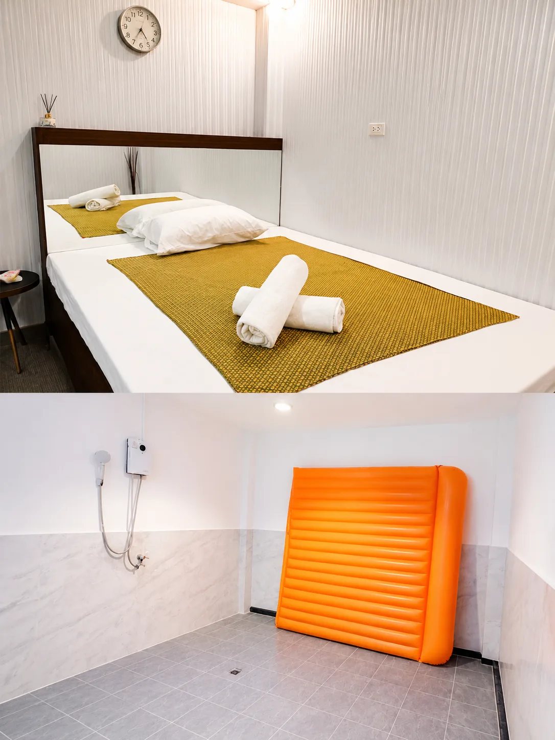 Two Boss Massage 33 rooms: a massage bed and a shower room with a nuru mattress