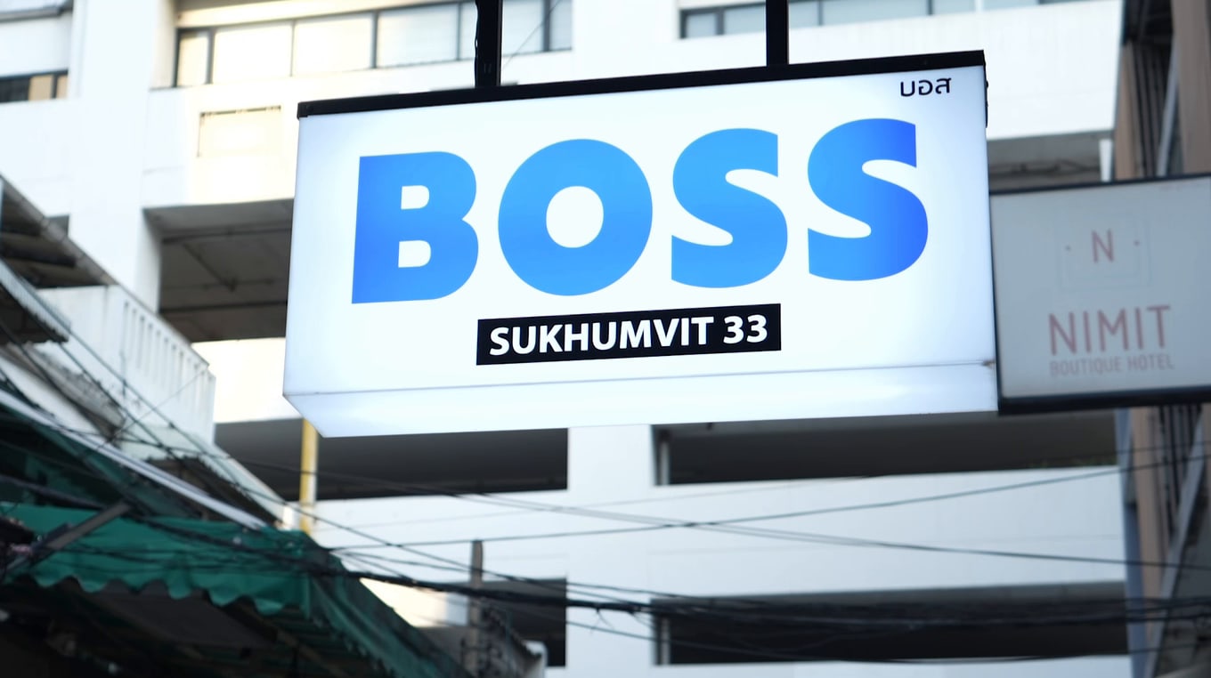 BOSS Sukhumvit 33 lightbox sign hanging beside the Nimit Boutique Hotel sign