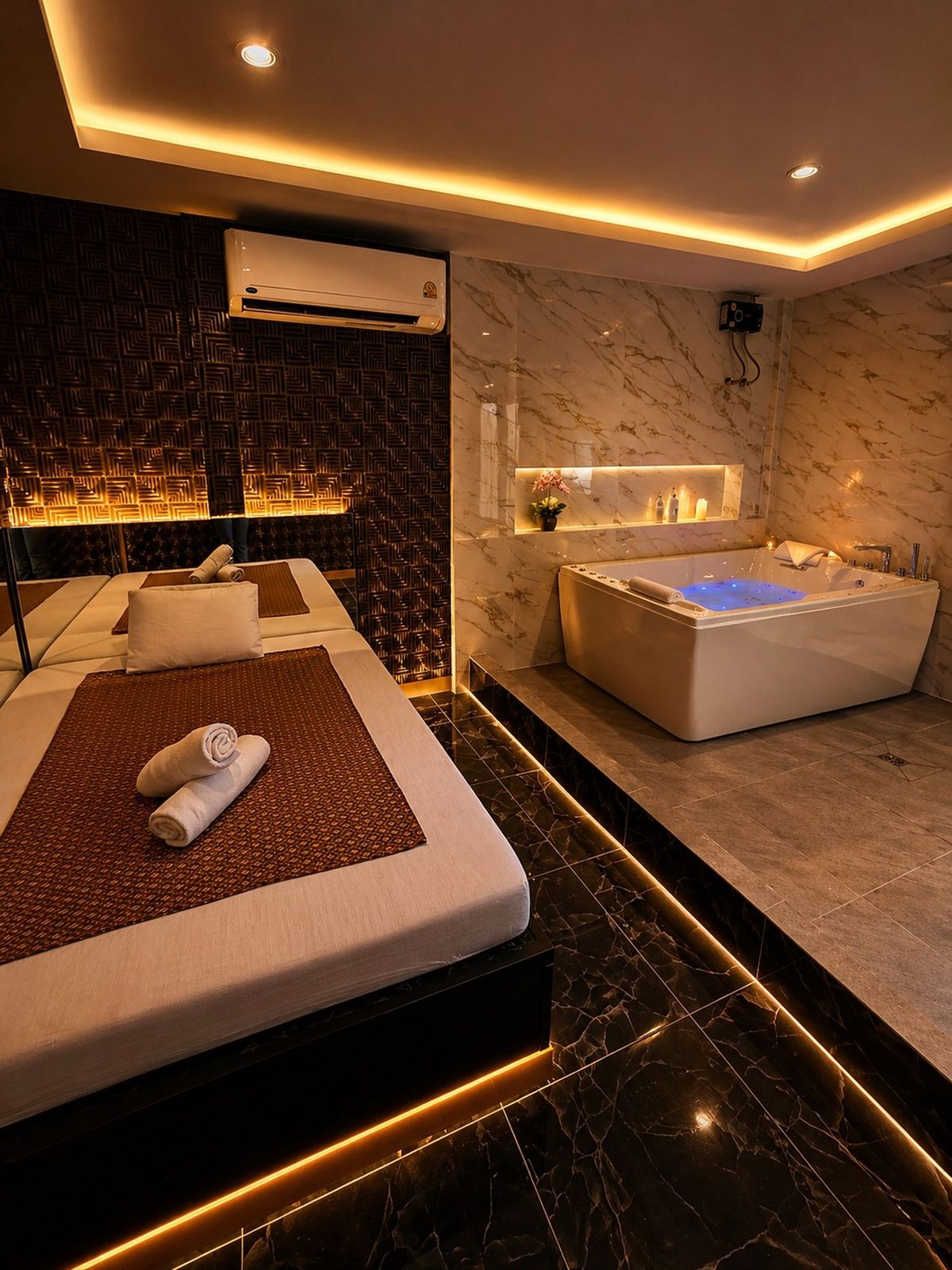 VIP jacuzzi room with a raised massage bed and a lit jacuzzi tub