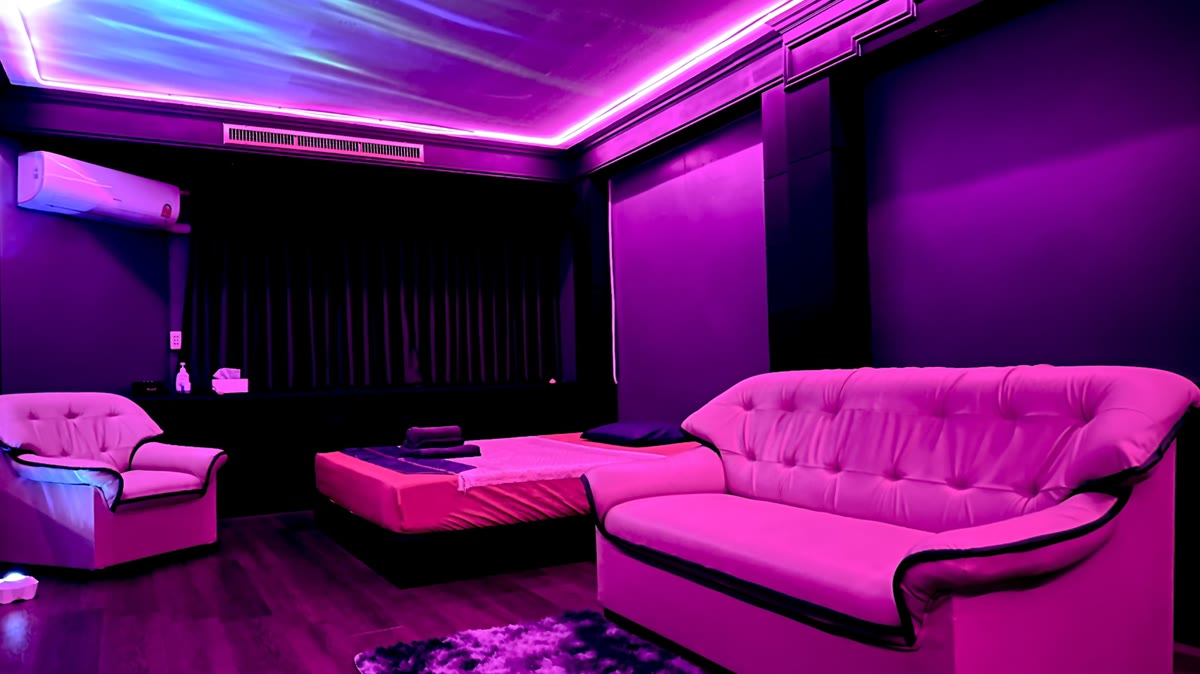 NOMO22 Bangkok sofa room: a massage bed between a pink leather sofa and armchair, with a projected light ceiling